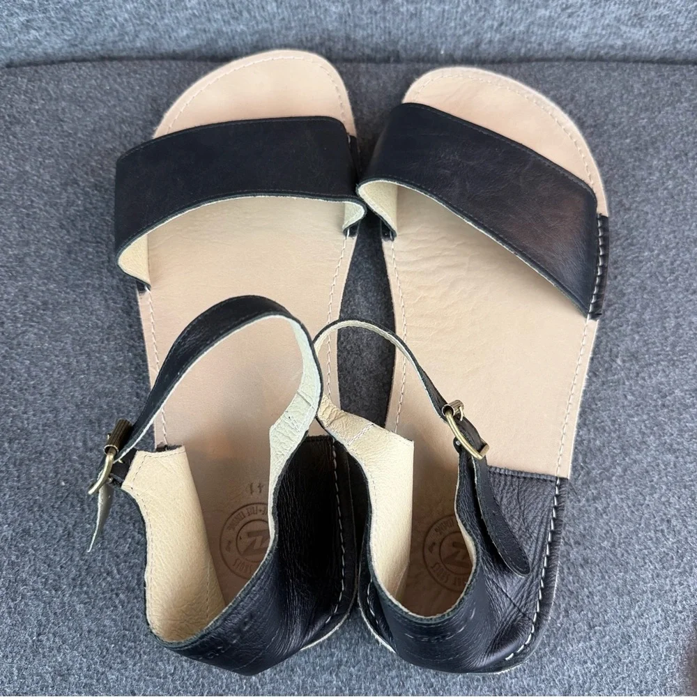 Zeazoo Women's Black Leather Strap Sandals Barefoot Wide Toe Box 10 41 - Picture 2 of 11